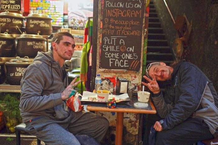 Homeless men, Solo and David eat at The Soup Place in Melbourne, thanks to the generosity of the public. 